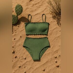 Aleumdr Green Smocked High-Waist Bikini Set – Size L